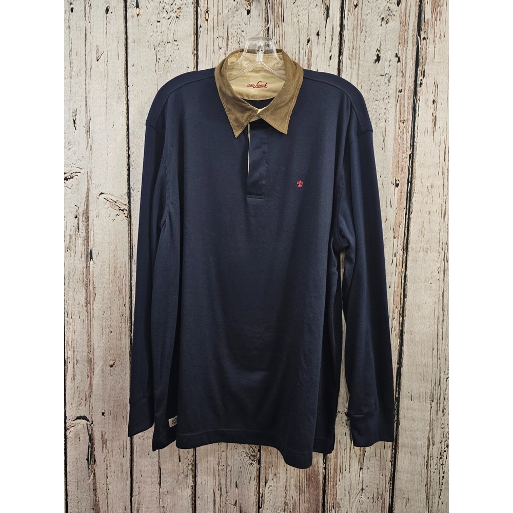 Van Laack Men's XL 54 Navy Long Sleeve Corduroy Collar Polo Shirt Top Tee EUC‎